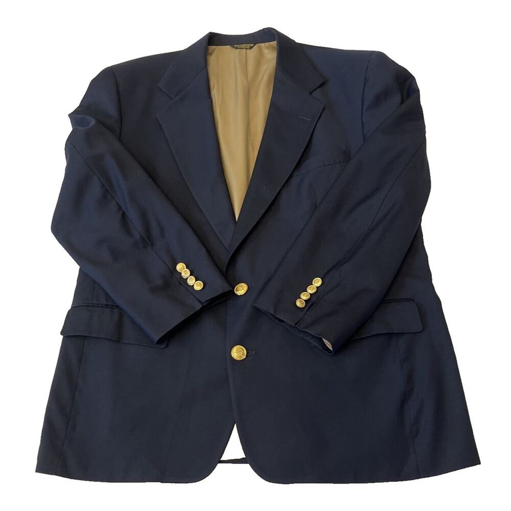Vintage Mark Shale Men's Wool Sport Coat 46R Navy Gold Buttons Blazer Lined